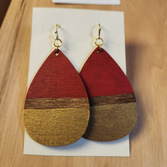 Earrings red gold teardrop wood - Picture 2 of 5